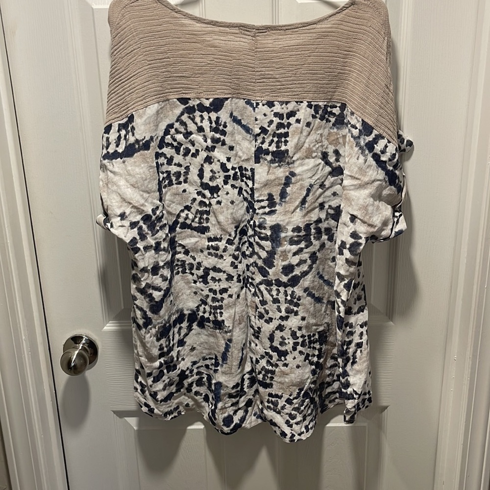 NWT Lungo L'Arno 100% Linen Tie-Dye Navy & Natural Mixed-Media Tunic - Picture 6 of 11